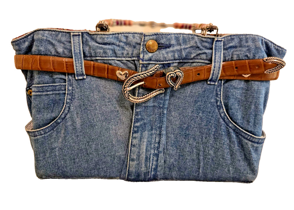 Tesori Vintage Western Cowgirl Blue Denim Jean Handbag Purse Belt Beaded Handle
